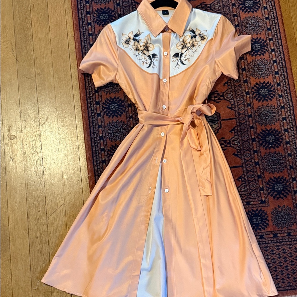 Peach Button-Front Modern Vintage Dress with Floral Yoke